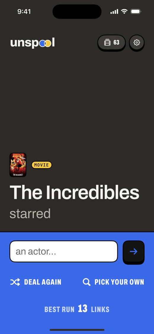 The home screen: a dealt start as a sentence, with the blank for the next link in the coloured dock at the foot.