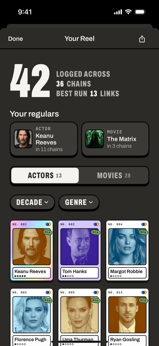 Your Reel: 42 logged across 36 chains, and a grid of numbered actor cards, the first one holo.