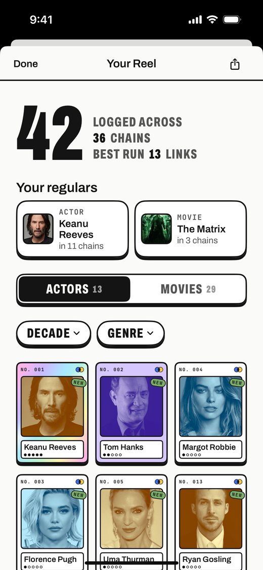 Your Reel: 42 logged across 36 chains, and a grid of numbered actor cards, the first one holo.